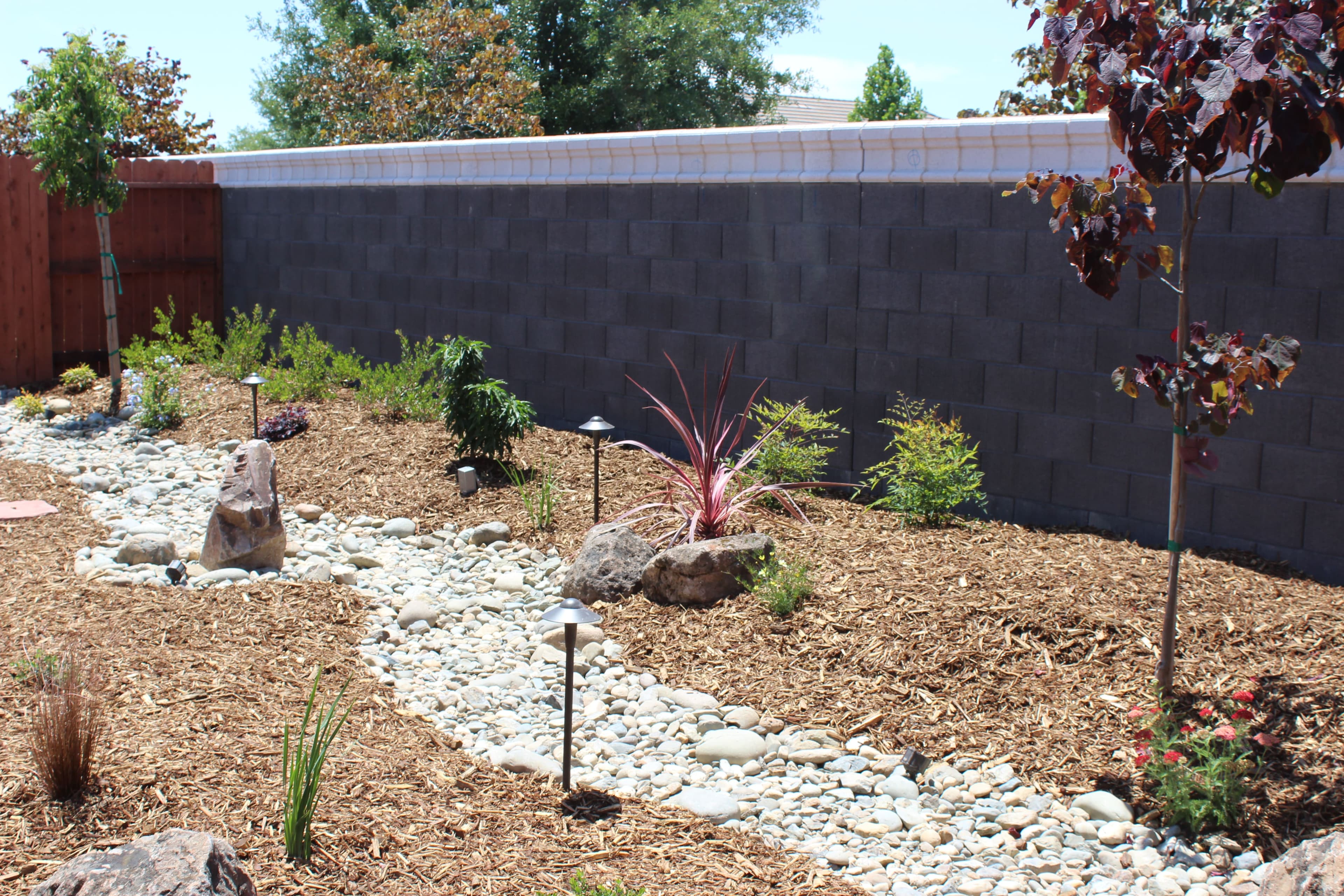 Drought-tolerant landscape with a river rock dry creek bed installed by Holt Landscape near Loomis, CA
