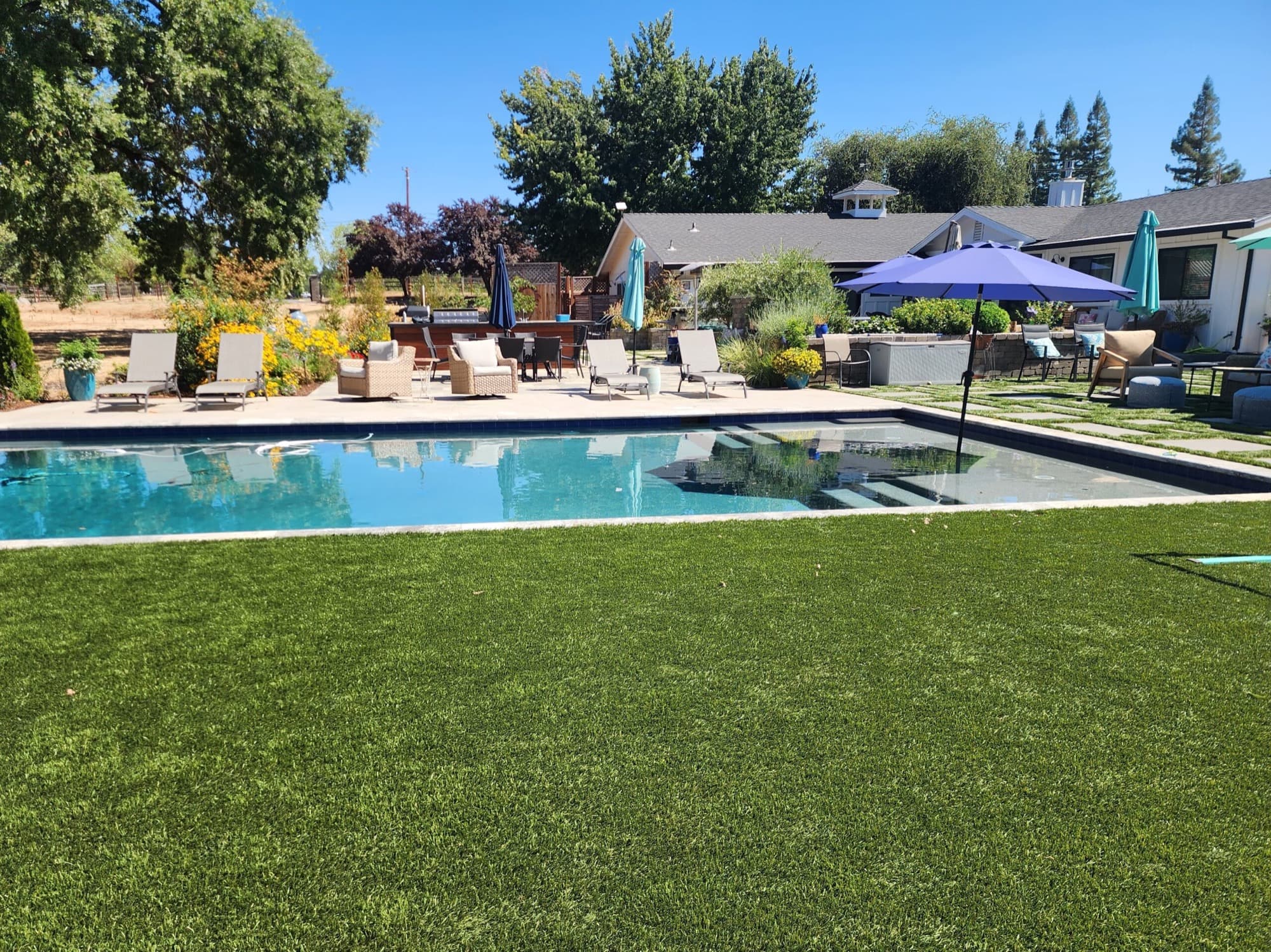 Backyard pool bordered by artificial turf, with a shaded patio and lounge beyond in Loomis, CA